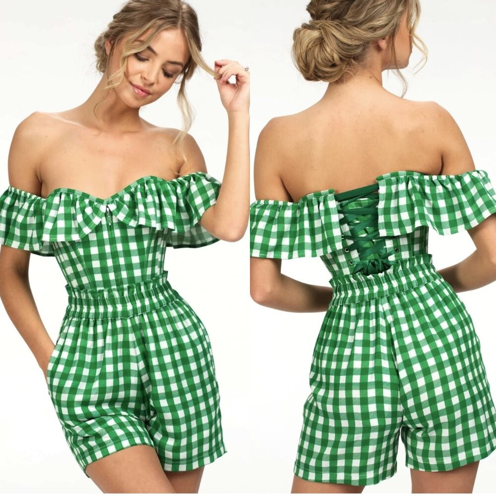 EU Steel Boned Green Gingham Corset Waist Trainer UK 24-28" / US 6-10 NWT